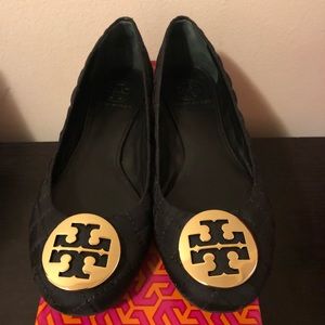 Tory Burch Black Quilted Reva Flats with Gold Logo